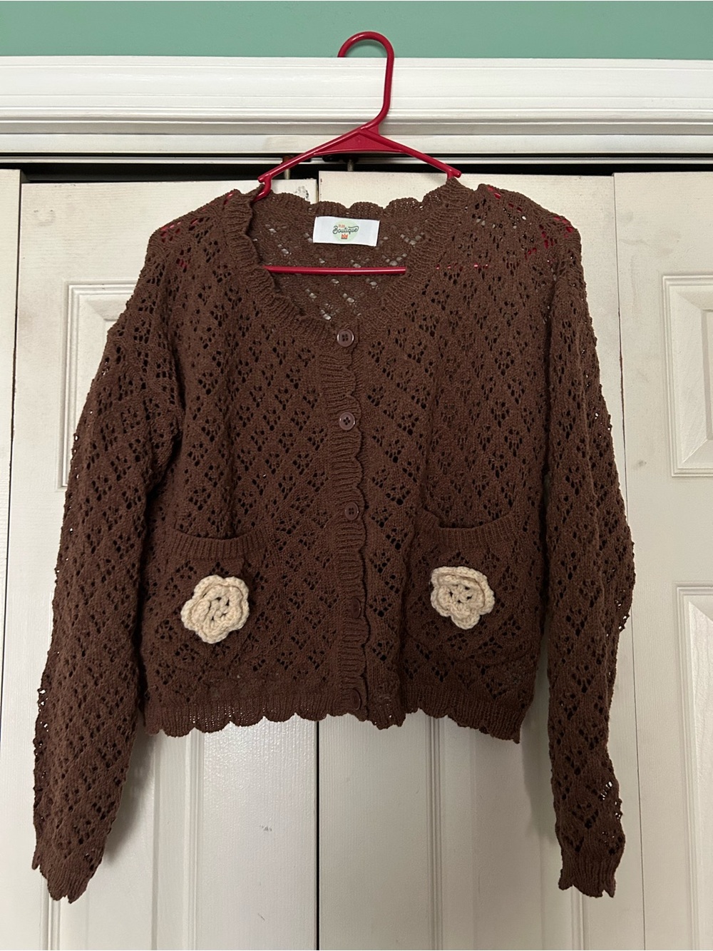 Vintage-Inspired Brown Crochet Cardigan Sweater with Cream Flower Detail